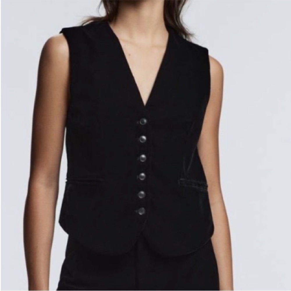Zara Black Velvet Waistcoat Vest Button Front Tailored Minimalist M
